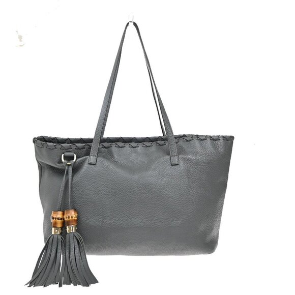 Gucci Handbags - GUCCI Pebbled Leather Bamboo Tassel Large Tote Hand Bag Gray Italy